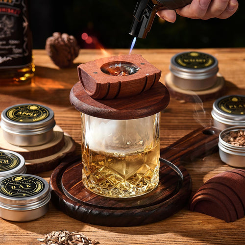 Whisky smoker in use with the adjustable flame torch