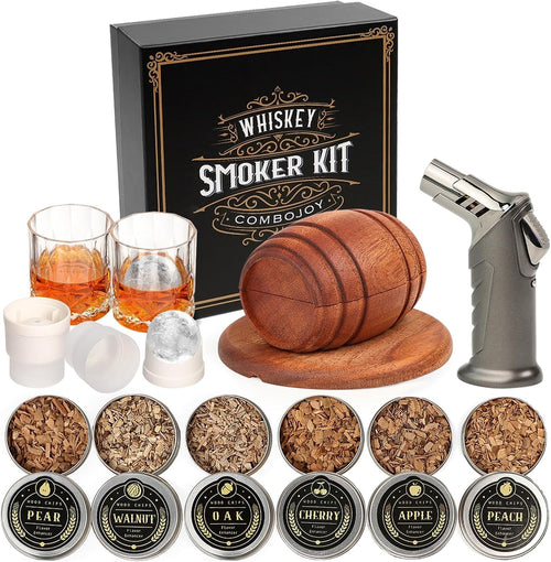 Whisky smoker gift set with torch, two glasses, ice moulds and six wood chip varieties